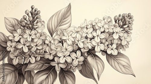 Wallpaper Mural A monochromatic illustration of lilac flowers and leaves, showcasing botanical beauty. Torontodigital.ca