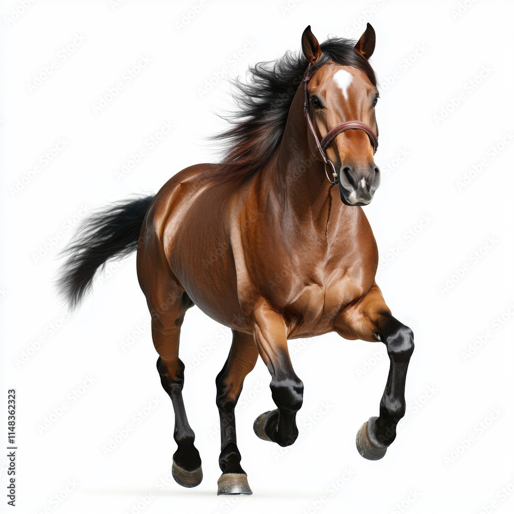 Obraz premium majestic horse galloping with flowing mane, isolated on white background