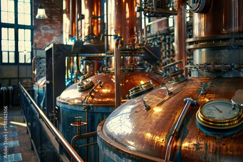 Copper stills brewing beer in modern craft brewery photo