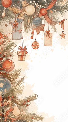 background with christmas decorations frame, watercolor illustration, pastel colors, white style,
