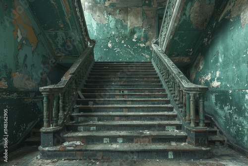 Abandoned staircase with peeling paint in an old building showcasing decay and beauty in forgotten architecture photo