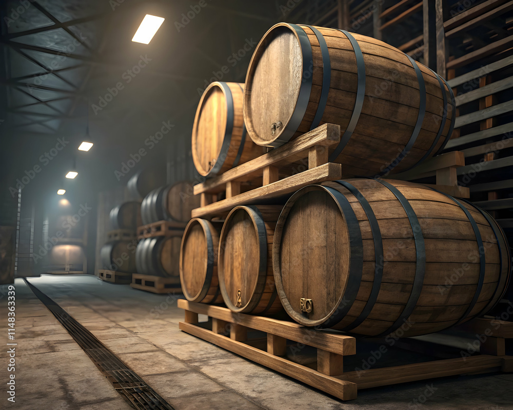 Stacked oak whiskey barrels in a dimly lit warehouse with detailed grain