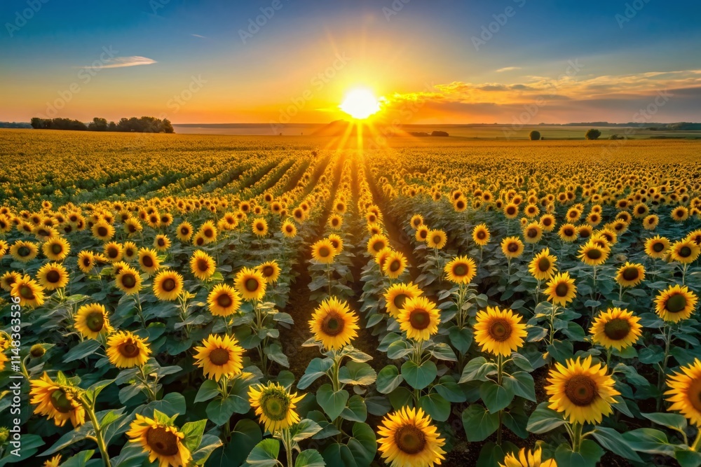 Fototapeta premium Stunning Drone View: Sunflowers Field, Bright Blue Sky, Aerial Photography