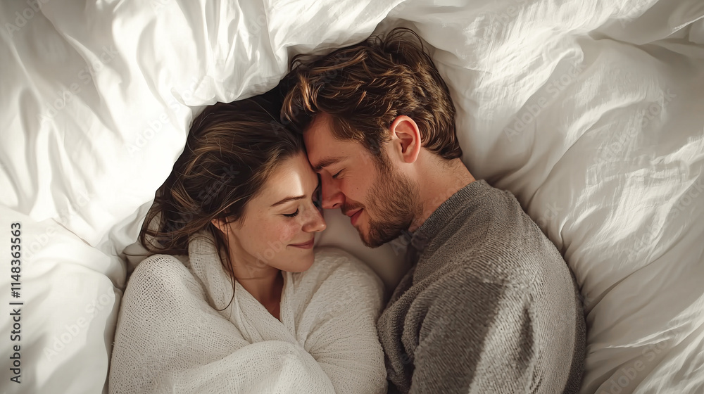 Romantic couple embracing under white sheets, top angle view Romantic couple embracing under white sheets, top angle view