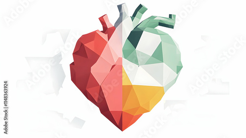 Geometric heart in red, green and yellow, abstract shapes on white background, for use in medical or design contexts. photo