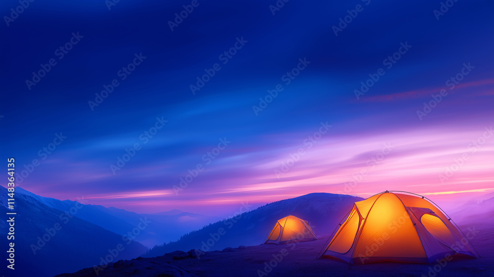Scenic mountain campsite under a colorful twilight sky Scenic mountain campsite under a colorful twilight sky