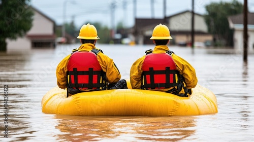 Flood rescue workers in yellow gear navigate a flooded area in a yellow inflatable raft, highlighting the challenges of emergency response operations.