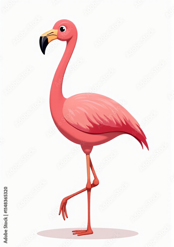 Fototapeta premium Adorable Pink Flamingo in Tropical Style, Vector Bird Illustration on White Background
