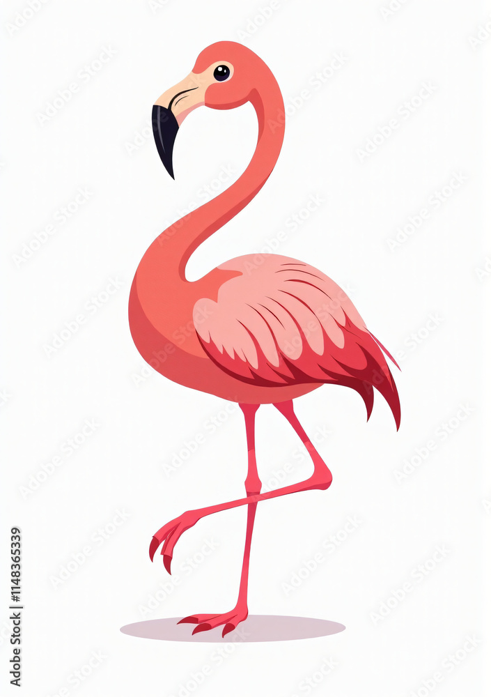 Fototapeta premium Adorable Pink Flamingo in Tropical Style, Vector Bird Illustration on White Background