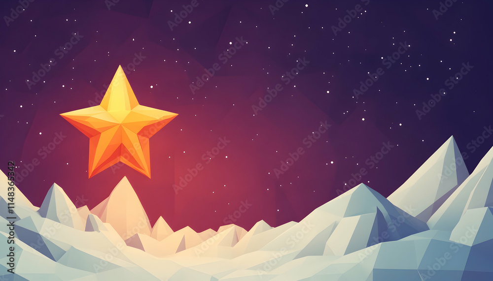 Obraz premium Golden star over angular peaks, night sky, polygonal design, abstract backdrop for art, space, or celestial themes.