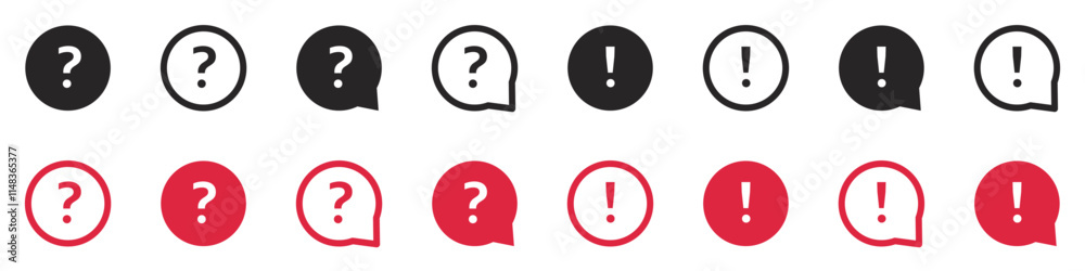 Set of question mark and exclamation mark icons. FAQ signs, help. Help speech bubble sign, vector. Set of question mark and exclamation mark icons. FAQ signs, help. Help speech bubble sign, vector.