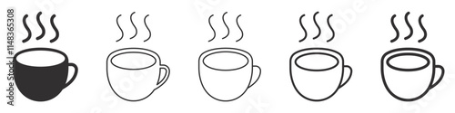 Set of coffee cup icons. Caffeine drink, vector cups with coffee. Cup coffee with steam, coffee or tea. Vector.