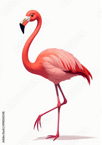 Graceful Pink Flamingo Standing, Stylized 2D Vector Art on White Background
