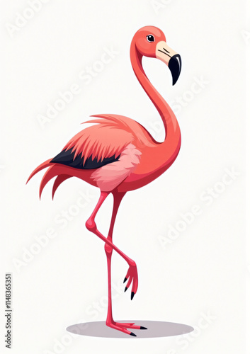 Graceful Pink Flamingo Standing, Stylized 2D Vector Art on White Background
