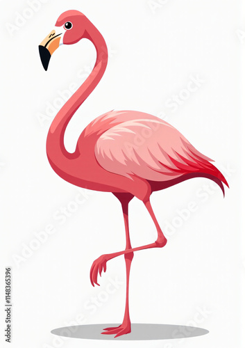Elegant Pink Flamingo on One Leg, 2D Vector Animal Illustration on White Background
