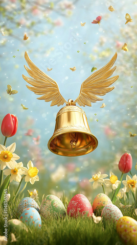 flying golden bell with wings in the air, easter eggs on the grass, tulips and daffodil in the background 