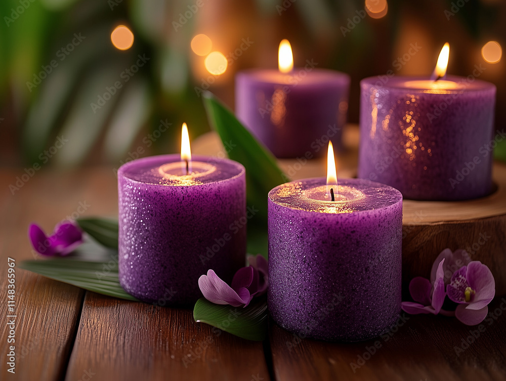 Thai massage in white and purple tones, with purple scented candles and soft lighting conveying a sense of relaxation. Thai massage in white and purple tones, with purple scented candles and soft lighting conveying a sense of relaxation.