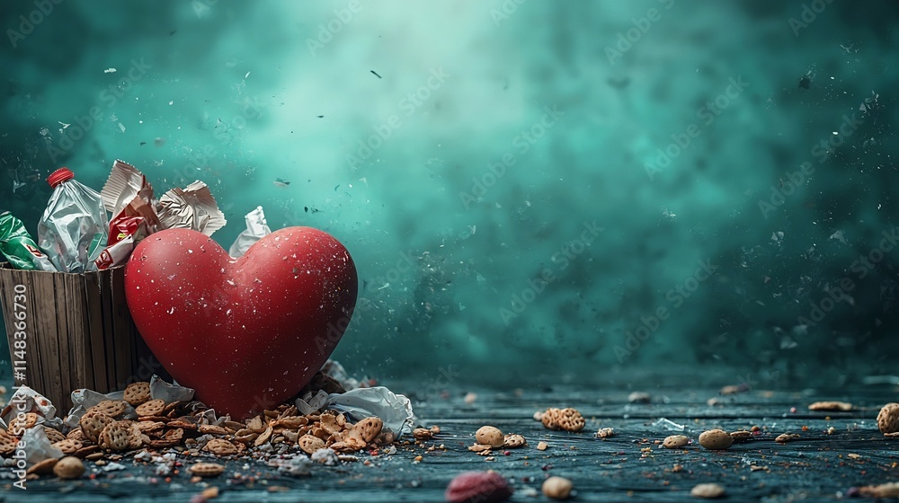 Fototapeta premium Gloomy Heart Lying Amidst Wrappers and Empty Snack Bags A Poignant Depiction of Emotional and Unhealthy Coping Mechanisms