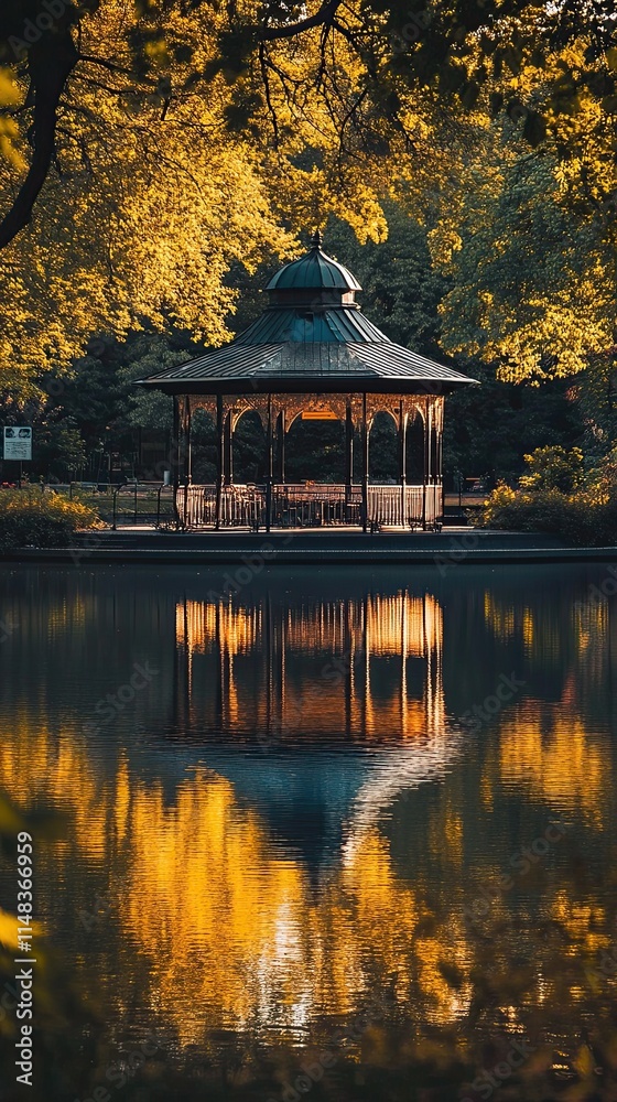 Fototapeta premium Gazebo reflected in a calm pond surrounded by golden autumn trees.