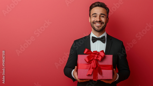 Smiling man in tuxedo holding a pink gift box with a red ribbon on a red background