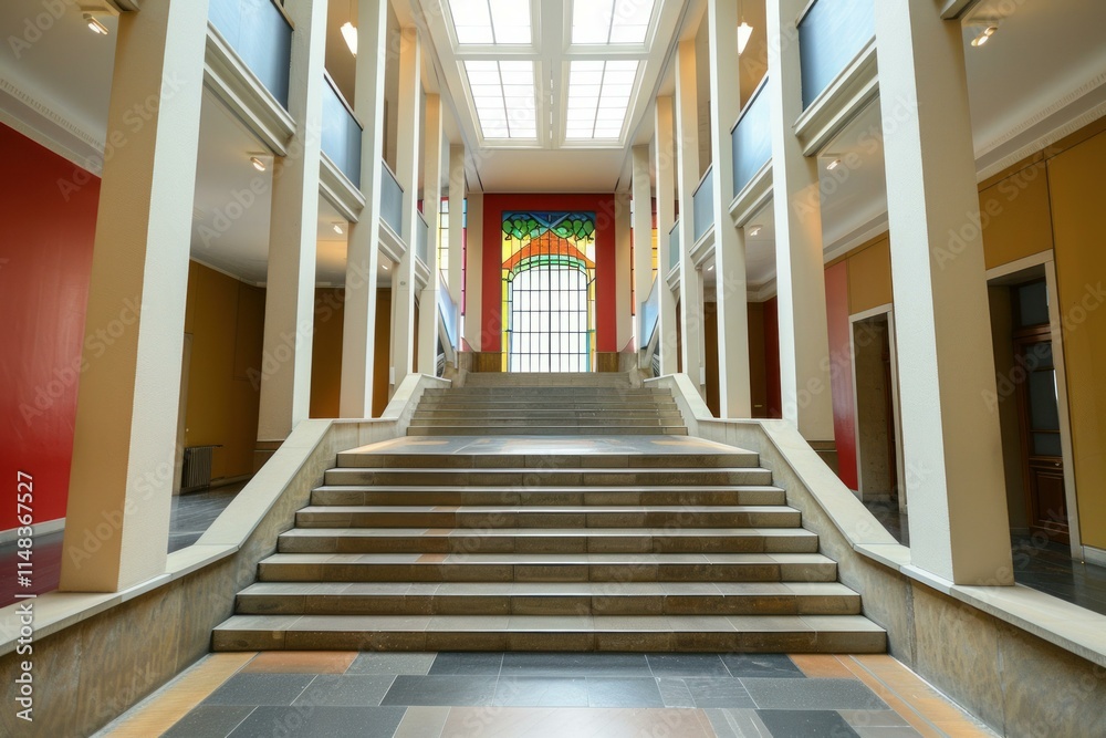 Large staircase leading to stained glass window in modern building Large staircase leading to stained glass window in modern building