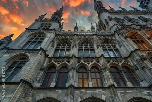 Oudenaarde town hall facade showing stunning gothic architecture at sunset photo