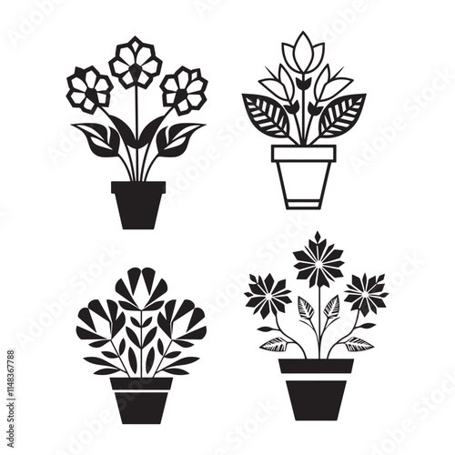 Vector black silhouettes of flowers isolated on a white background. Beautiful flower vase flower pot silhouette vector illustration isolated on a white background flower vector set