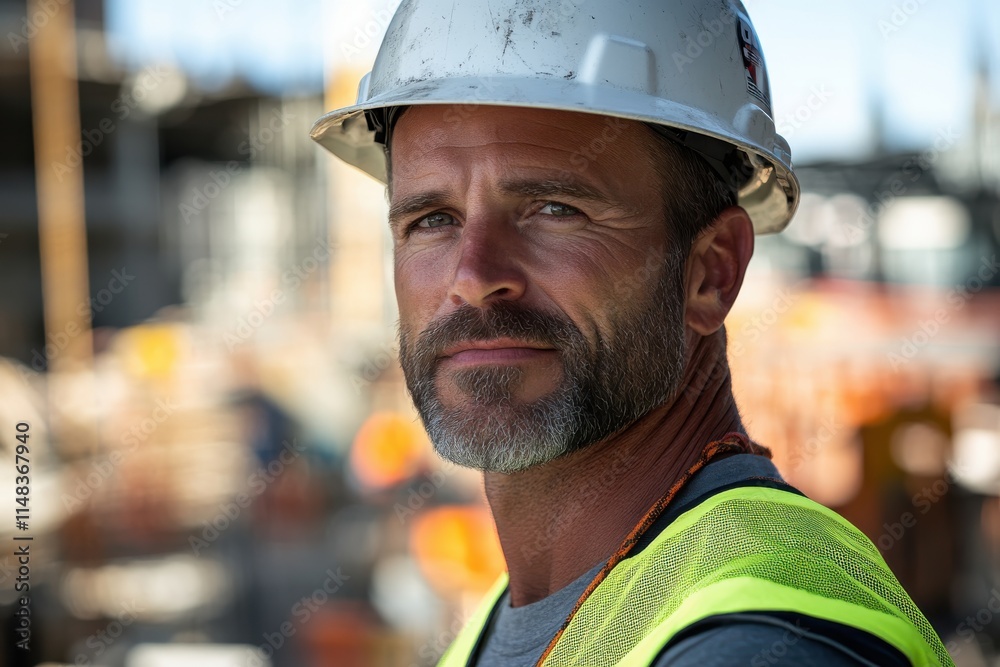 A focused construction worker in a hard hat and safety vest gazes confidently towards the camera, symbolizing dedication and professionalism amid an evolving construction landscape. A focused construction worker in a hard hat and safety vest gazes confidently towards the camera, symbolizing dedication and professionalism amid an evolving construction landscape.