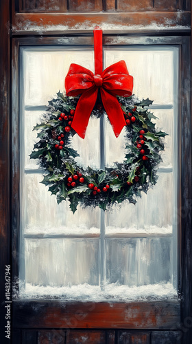 classic oil painting, frontal straight view of a christmas wreath made of holly hanging 