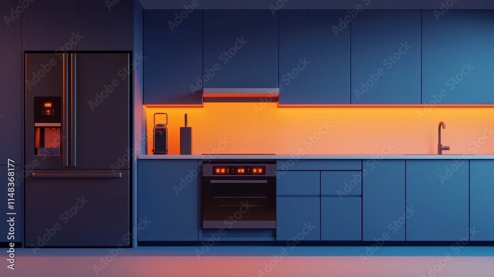 Modern Kitchen Interior Design with Blue Cabinets and Ambient Lighting Showcasing Stylish Appliances and a Sleek Countertop Space in a Contemporary Setting Modern Kitchen Interior Design with Blue Cabinets and Ambient Lighting Showcasing Stylish Appliances and a Sleek Countertop Space in a Contemporary Setting
