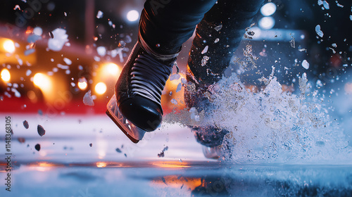 Puck deflecting off a player’s skate, captured at the moment of impact with ice flying, cinematic focus and arena lighting photo