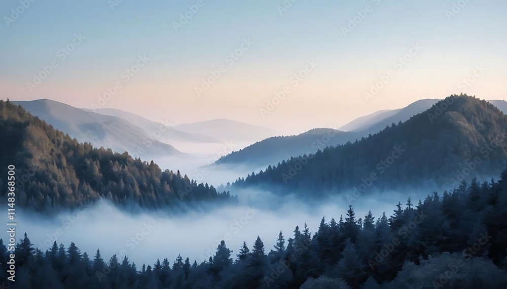 Obraz premium Misty Mountain Valley Sunrise Forest Scene