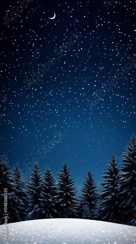 Illustration of a peaceful winter forest under a deep blue night sky filled with stars. Snow-covered pine trees