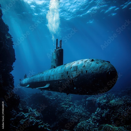 Wallpaper Mural An imposing submarine gliding through vibrant coral reefs in deep blue waters. Torontodigital.ca