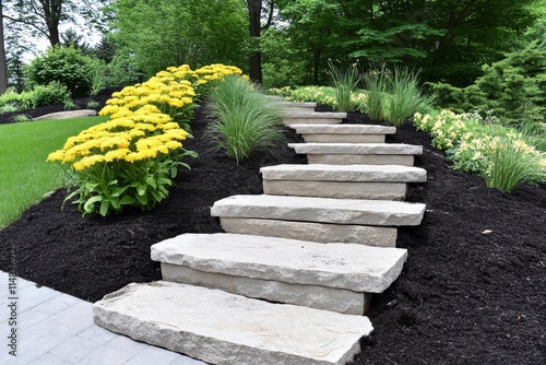 A landscaped hill with layered flower beds, stone steps, and a small waterfall cascading into a pond photo