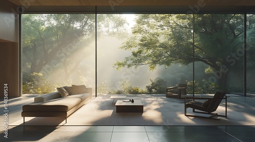 Modern minimalist living room overlooking serene forest landscape