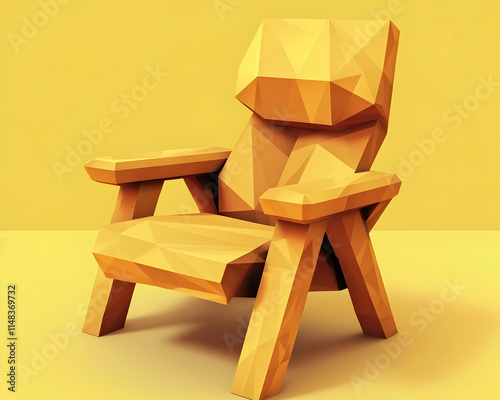 Low-poly armchair, yellow background, relaxation, 3D render, design concept.