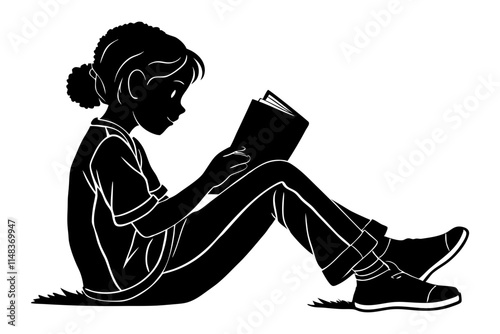 Girl reading book silhouette vector illustration 