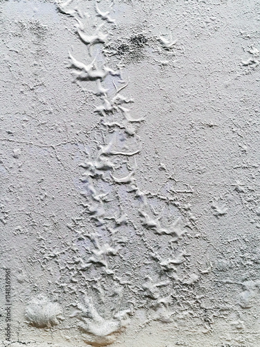 The blistered surface of cement wall. Swollen color wall from the moisture. Cracked wall, Paint white peeling off and old outside wall. Blistering occurs due to humidity, Wet wall surfaces and mold. photo