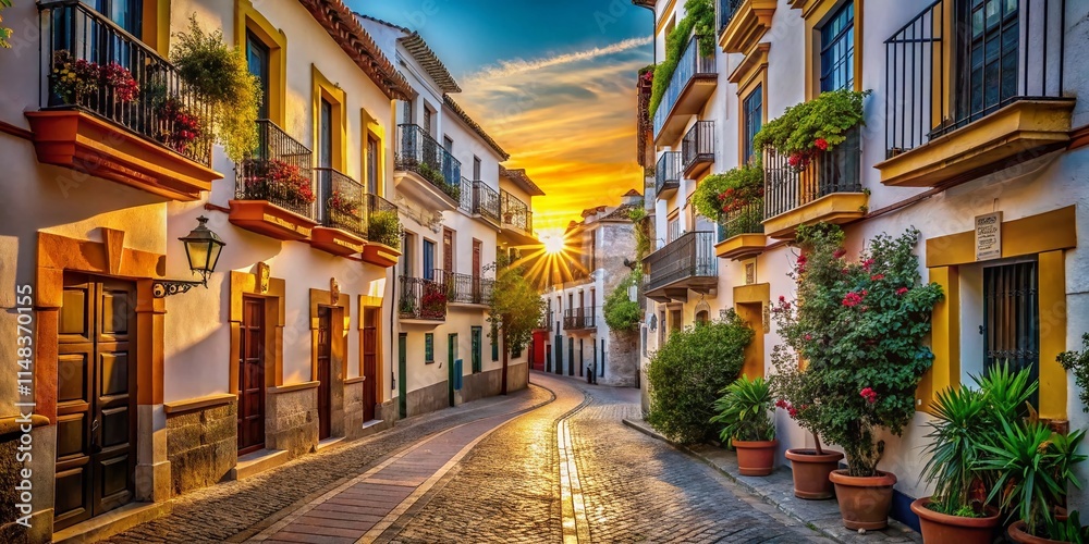 Fototapeta premium Stunning Spanish Architecture: Kstenstrae Street Views, Andalusian Buildings, Mediterranean Homes, Scenic Streetscapes, Cobblestone Streets, Spanish Architecture Photography
