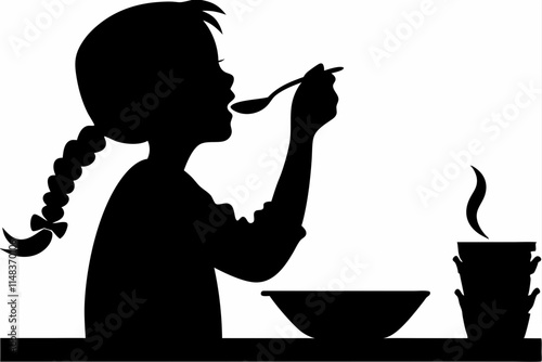 A young girl eating with a spoon silhouette vector illustration 