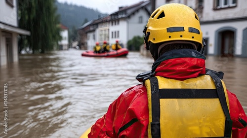 A rescue worker in a yellow helmet surveys a flooded area, as a boat navigates through the water, highlighting the impact of severe flooding. photo