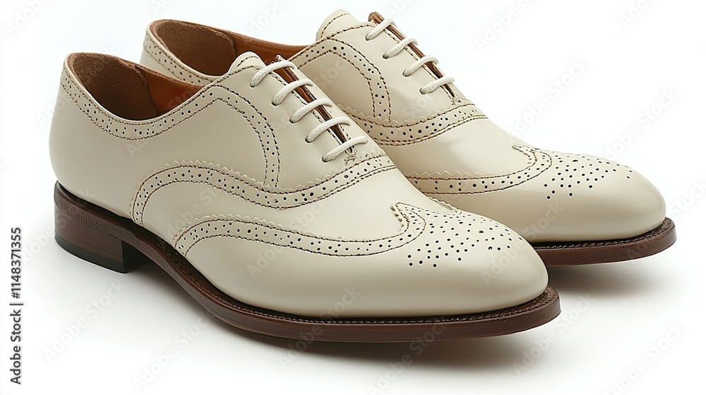 A pair of elegant beige dress shoes with perforated detailing and a classic design. A pair of elegant beige dress shoes with perforated detailing and a classic design.