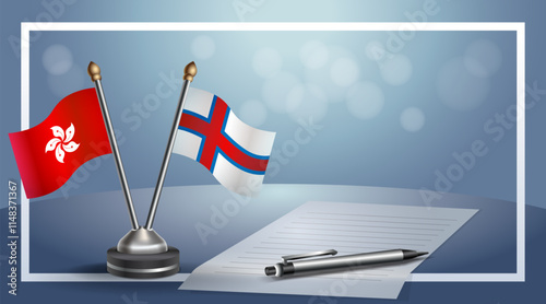 Hong Kong and Faroe Islands National flags on small table with bokeh background, cooperative relationship