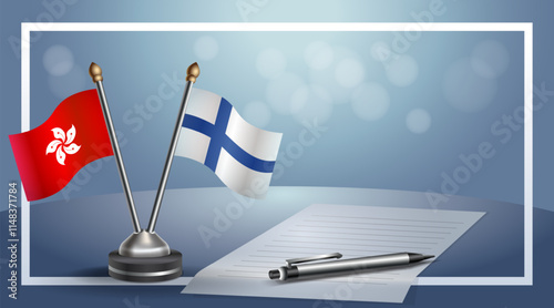 Hong Kong and Finland National flags on small table with bokeh background, cooperative relationship