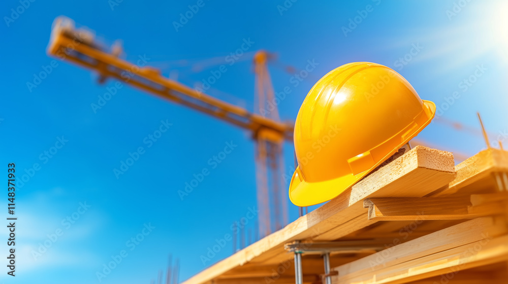 Safety helmet on wooden beams at construction site Safety helmet on wooden beams at construction site