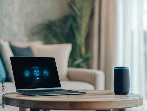 Moderne Arbeitsumgebung mit Laptop und Smart Speaker auf einem Holztisch

 photo