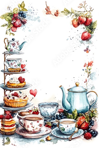 Elegant afternoon tea with assorted pastries and fruits in a charming floral setting