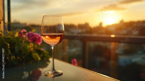 Rose wine glass on balcony at sunset.