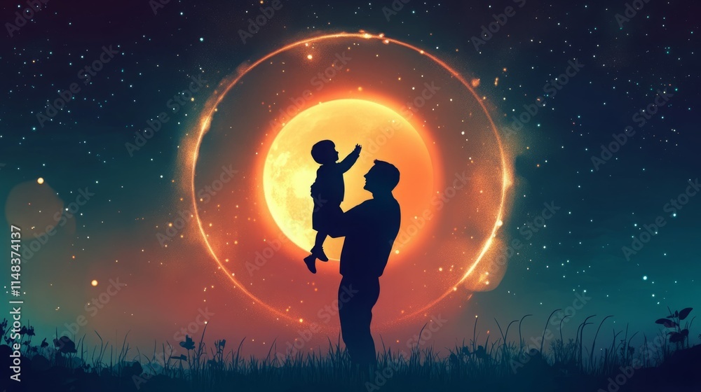 Silhouette of a father lifting his young son against a large, fiery moon. Silhouette of a father lifting his young son against a large, fiery moon.